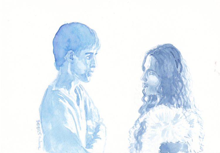 Merlin and Morgana facing each other, in blue inks